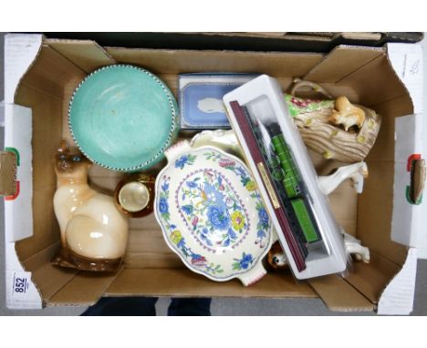 A mixed collection of items to include: Melba ware animals, Wedgwood pin tray, damaged Charlotte Rhead  bowl, Masons Handled 