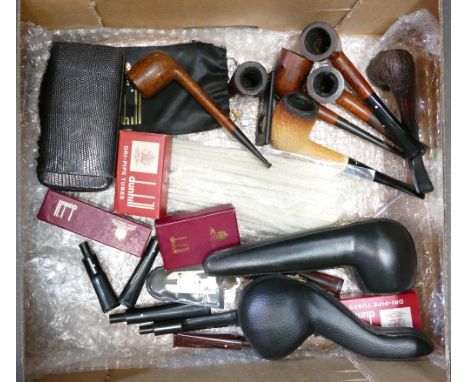 Box lot of Pipes and related items including Dunhill: Comprising 9 pipes including 2 cased Meershaum pipes and Duncan Dunhill