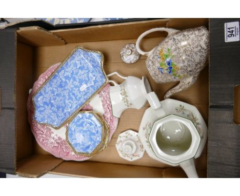 A mixed collection of items to include: Johnson Bros Eternal Beau patterned Tea Pot, Grimwade floral decorated trays, Meakins