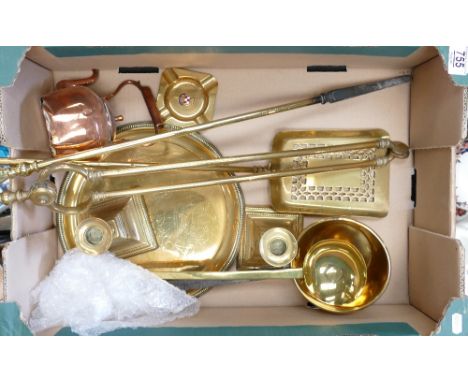 Good selection or brass and copper items: Includes brass fire irons, mini copper kettle (a/f), candlesticks, pan, ladle &amp;