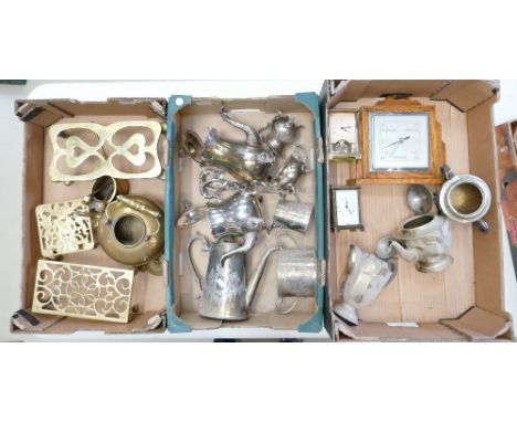 A mixed collection of items to include: Oak Framed Barometer, Silver plated Tea Service, Brass ornaments, etc. (3 Trays) 