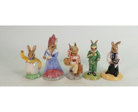 Five Royal Doulton Bunnykins figures all boxed 4 with certificates: Includes DB213 Sundial, DB154 Father, DB253 Stopwatch, DB