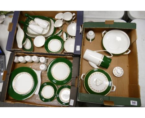 A large collection of Spode Green Velvet Patterned Tea &amp; Dinner ware to include: dinner plates,tureens, serving dishes, c