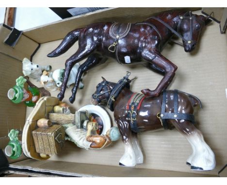 A mixed collection of item to include: leather horse figure, ceramic shire horse, Naturecraft plaster figure, novelty ornamen