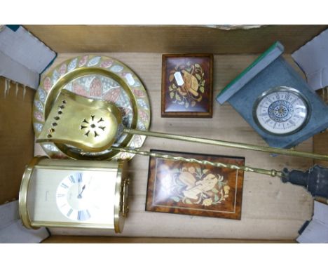 A mixed collection of items to include: Brass Quartz Mantle Clock, Fireside poker &amp; shovel. Stone mantle clock etc 