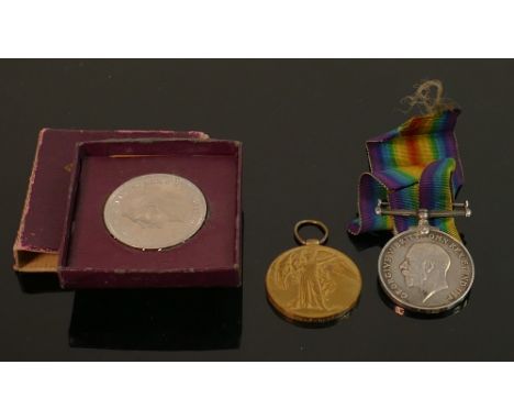 Pair of first world war medals :awarded to 313314 GNR   F R Bell R.A with a 1951 festival of britain coin. (3) 