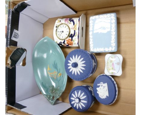A mixed Collection of item to include: Wedgwood Jasperware Lidded Boxes, Carltonware dish, Masons small mantle clock etc 