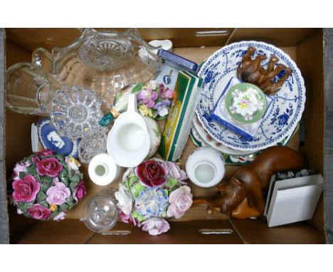 A mixed collecction of items to include: ceramic flower sprays, mid century teak figures, Chinese Harmonica, Wedgwood Jasperw