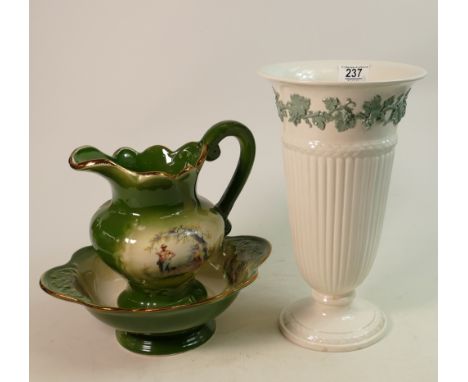 Large Wedgwood Queens Ware Vase: height 32cm together with decorative wash basin &amp; jug(2) 