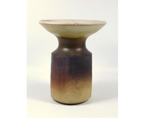 POSSIBLY BY LUCIE RIE (1902-95), A STONEWARE VASE OF CYLINDRICAL FORM WITH A WAISTED NECK AND FLARED CONICAL RIM, WITH IMPRES