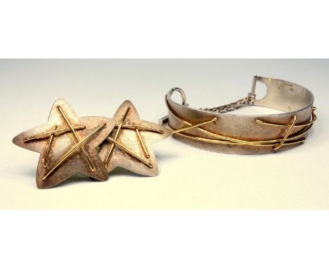 LAURENCE TISSIER SILVER BRACELET AND STAR SHAPED EARRINGS EMBELLISHED WITH YELLOW METAL18 K&nbsp; WIRE DECORATION, BOXED, GRO