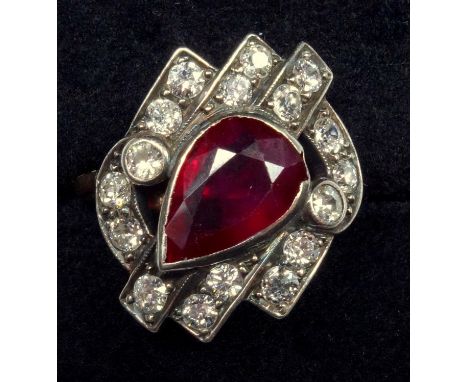 A RUBY AND DIAMOND DRESS RING, PEAR CUT RUBY WEIGHING AN ESTIMATED 2.10CT, SURROUNDED BY OLD CUT DIAMONDS, WEIGHING AN ESTIMA