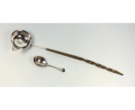 GEORGIAN SILVER PUNCH LADLE WITH A HORN TWIST-HANDLE, INSET WITH A GEORGE II SIXPENCE&nbsp;DATED 1758, AND A SILVER CADDY SPO