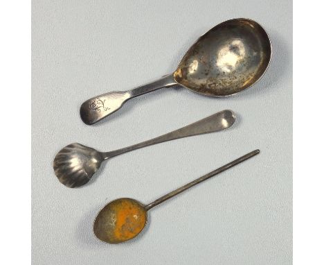 A GEORGE III CADDY SPOON, BY CHARLES BOYTON, LONDON 1831, AND TWO OTHER SPOONS, 22.3 GRAMS 
