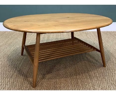 MID-CENTURY ERCOL 454 SUPPER TABLE solid elm and beech, semi-oval occaisional table, storage rack under, 44 (h), 99 (w), 83cm