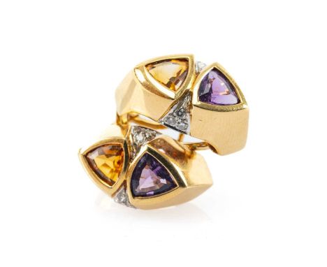 PAIR 18CT GOLD EARRINGS, citrine, amethyst and diamond set, stamped '750', 9.8gms gross (2)Provenance: private collection Tor