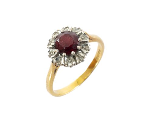 18CT GOLD GARNET & DIAMOND CHIP CLUSTER RING, ring size P, 4.2gms, in Ernest Jones ring boxProvenance: private collection Gwy