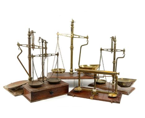 COLLECTION OF LARGE BRASS SCALES including, Goodbrand Yarn scales, Avery scales from B&H. Bracey, Wyndham Arcade, Cardiff, ot