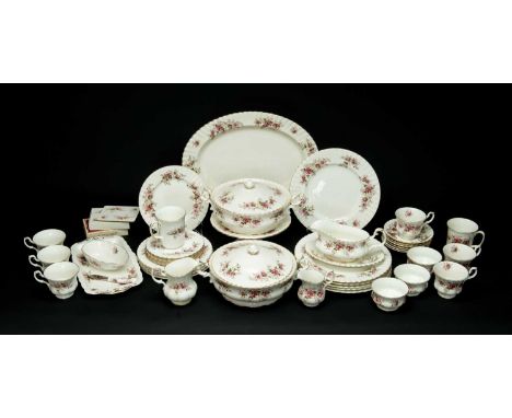 ROYAL ALBERT 'LAVENDAR ROSE' BONE CHINA PART DINNER SERVICE comprising 2 x lidded tureens, 6 x dinner plates, 6 x small plate