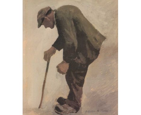 ‡ ANEURIN M. JONES (Welsh, 1930-2017) facsimile print - stooping farmer with flat cap and walking stick, printed signature, 2