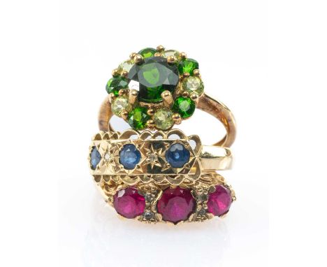 THREE GOLD RINGS comprising 9ct gold sapphire and diamond chip ring, 9ct gold ruby ring, 9ct gold gold green gem stone cluste