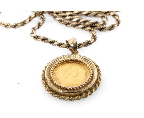 ELIZABETH II GOLD HALF SOVEREIGN, 1982, in 9ct gold pendant mount, on 9ct gold spiral link chain, 40.1gmsProvenance: deceased