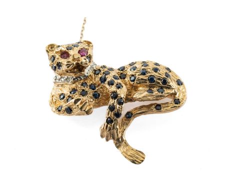 9CT GOLD LEOPARD BROOCH, set with sapphires, diamond chips and ruby eyes, 11.4gmsProvenance: private collection TorfaenCommen