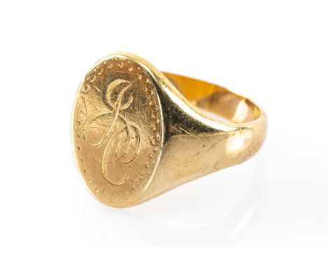 YELLOW METAL SIGNET RING, engraved initials, ring size W 1/2, unmarked, 9.5gmsProvenance: private collection Caerphilly Count