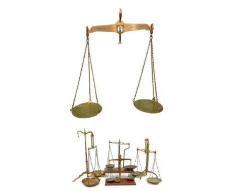 COLLECTION OF LARGE BRASS BALANCE SCALES including, large hanging Standard balance scales stamped 'City of Worcester - Capaci