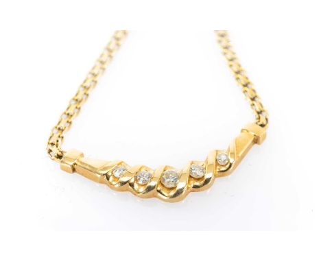 YELLOW METAL DIAMOND SET NECKLACE, the five graduating round brilliant cut stones measuring 0.25cts overall approx., stamped 