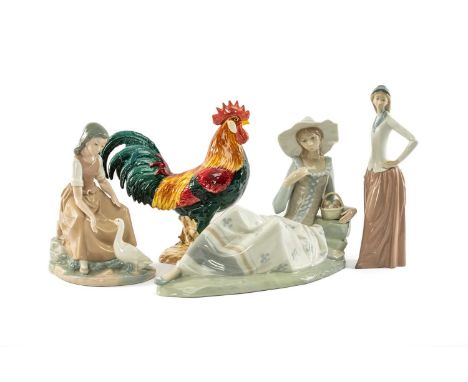 NAO & BESWICK FIGURINES including, Girl Feeding Duck, 22cms (h), Tall Lady 351, 27cms (h), Reclining Lady with Fruit Basket, 