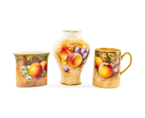 ROYAL WORCESTER 'FALLEN FRUIT' BONE CHINA, including, coffee can painted with apples and cherries signed 'Roberts', gilt rim 