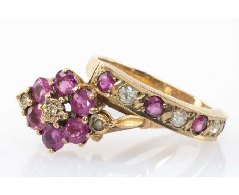 TWO GOLD RINGS comprising 9ct gold seven stone white gem stone and ruby ring, together with a 9ct gold diamond chip and pink 