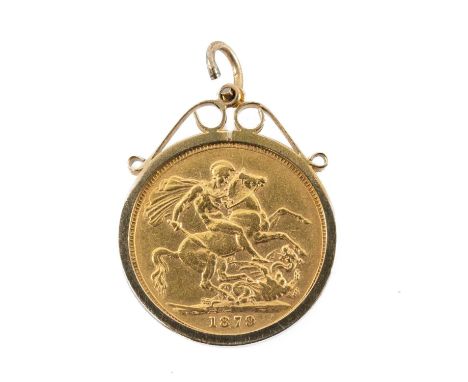 VICTORIAN GOLD SOVEREIGN, 1879, young head, in 9ct gold pendant mount, 9.6gmsProvenance: private collection CeredigionComment
