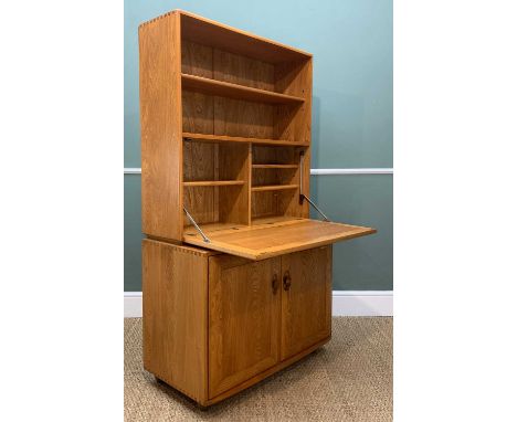 MID-CENTURY ERCOL BUREAU/DRINKS CABINET 802/813, gold label, solid elm and beech, natural colour, wax finish, cupboard with c