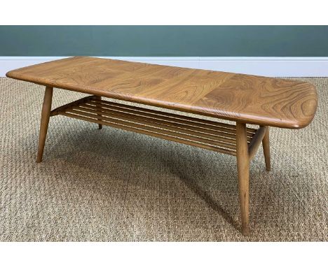 MID-CENTURY ERCOL 398 OCCAISIONAL TABLE, blue label, solid elm and beech, natural colour, wax finish, magazine rack below, 36