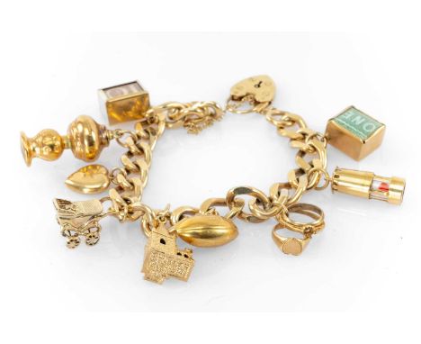 9CT GOLD CURB LINK CHARM BRACELET, heart shaped padlock, eight 9ct gold charms including pram, church, miner's lamp etc, 58.5