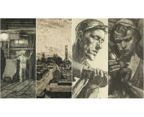 HERMANN KATELHON (German, 1884-1940) four etchings - Pithead; Miners with coal trucks, both signed in pencil (pl) 41 x 49.5cm