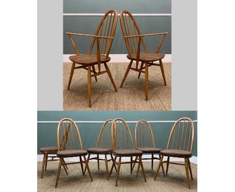 SET EIGHT MID-CENTURY ERCOL 'QUAKER' WINDSOR CHAIRS, six chairs with oatmeal seat cushions, two armchairs, solid elm and beec