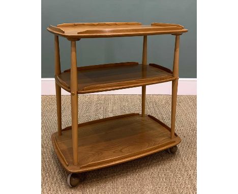 MID-CENTURY ERCOL 458 WINDSOR THREE TIER TROLLEY, gold label, solid elm and beech, natural colour, wax finish, semi-concealed
