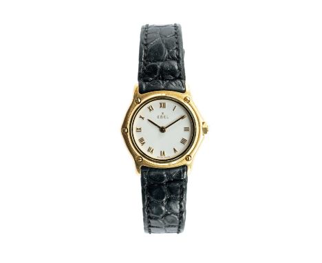 EBEL 18K GOLD LADIES' WRISTWATCH, Roman numeral chapter ring, leather strap, 9ct gold 'Omega' buckleProvenance: private colle