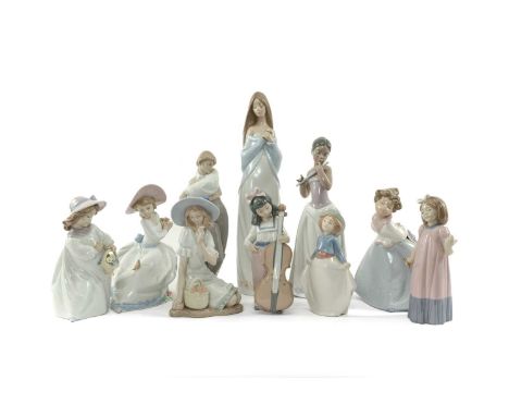 COLLECTION LLADRO/NAO FIGURINES including, Nightingale's Song 1345, Girl with Violin 1034, Kiss Me Girl 1328, Floral Beauty 1