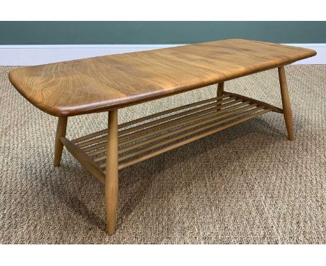 MID-CENTURY ERCOL 459 OCCAISIONAL COFFEE TABLE, blue label, solid elm and beech, natural colour, waxed finish, magazine rack 