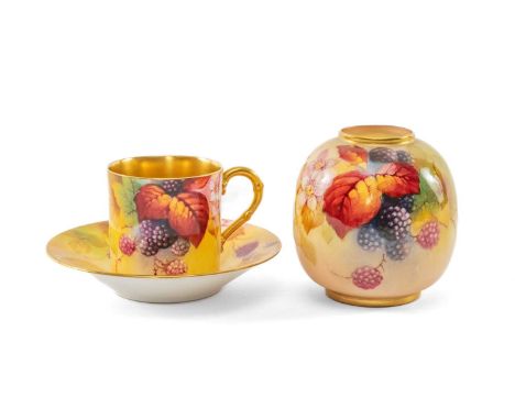 ROYAL WORCESTER AUTUMN FRUIT COFFEE CAN, SAUCER & VASE, painted by Kitty Blake, coffee can with gilt interior, saucer gilt ce