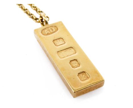 9CT GOLD INGOT PENDANT on 9ct gold oval link chain, 42.6gmsProvenance: private collection CardiffComments: good overall, clas