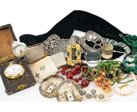 ASSORTED JEWELLERY & COLLECTABLES including various beads including malachite, green hardstone bracelet, Ingersoll pocket wat