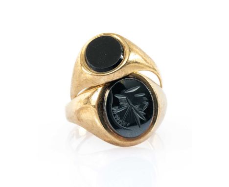 TWO GOLD RINGS comprising 9ct gold believed hematite intaglio ring, together with a 9ct gold onyx signet ring, 8.8gms gross, 