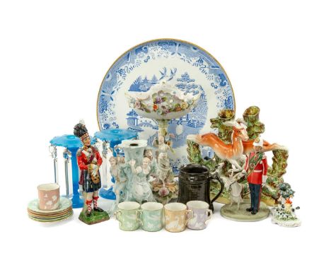 ASSORTED CERAMICS & GLASS, including Sitzendorf china figure of a Napoleonic Highland officer, Royal Crown Derby coffee cups 