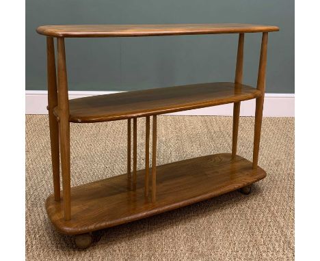 MID-CENTURY ERCOL 361 'MINI GIRAFFE' TROLLEY BOOKCASE, solid elm and beech, mounted on ball castors, 71 (h), 92 (w), 31cms (d