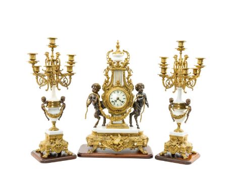 FRANZ HERMLE 'IMPERIAL' GILT METAL & MARBLE CLOCK GARNITURE, eight-day movement with floating balance, striking the hours and